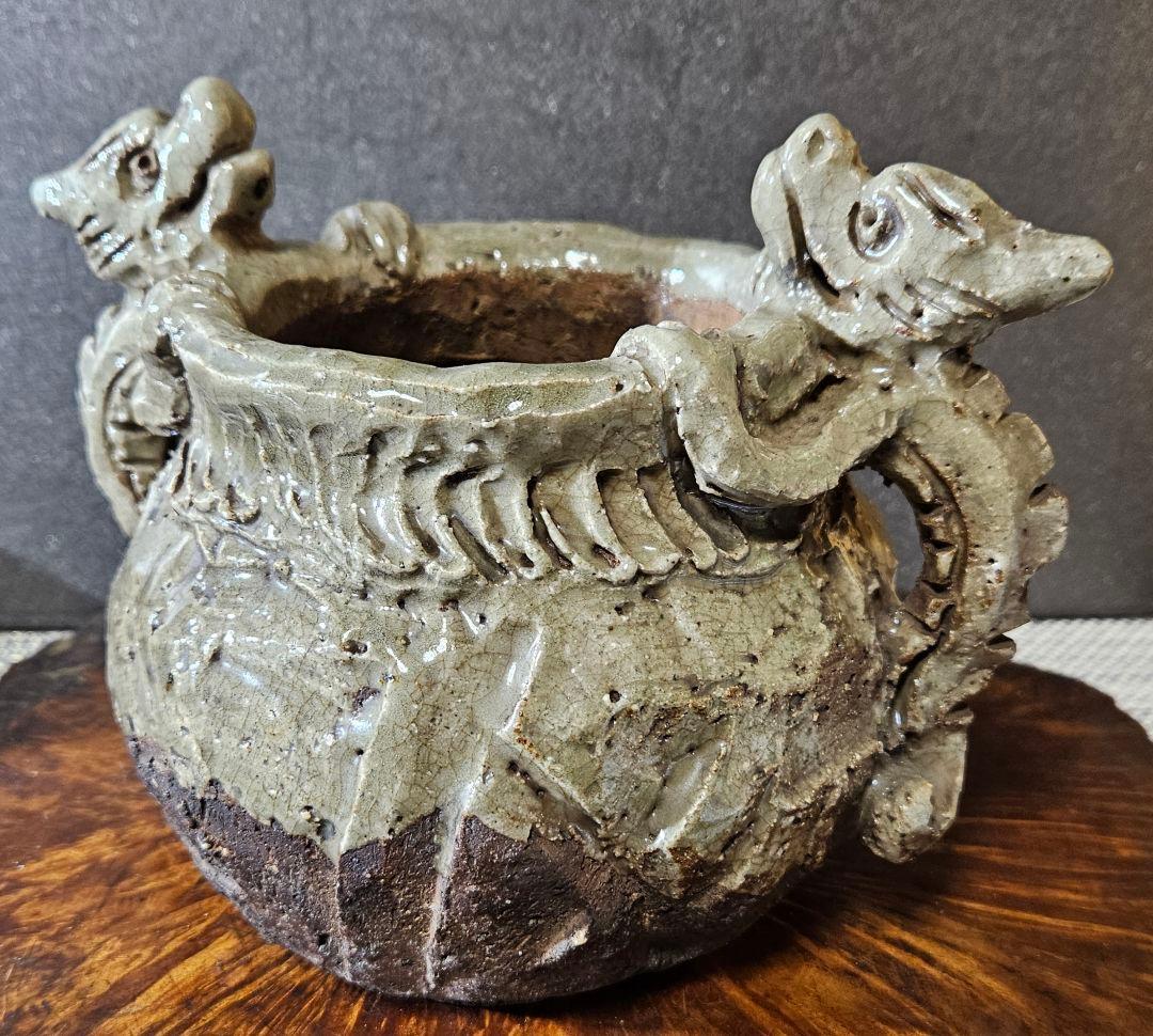 江戸後期～明治時代頃　古萬古　 萬古在銘　双獣耳　灰釉　香炉　壺 花入れ　水指