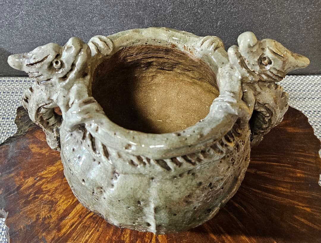 江戸後期～明治時代頃　古萬古　 萬古在銘　双獣耳　灰釉　香炉　壺 花入れ　水指