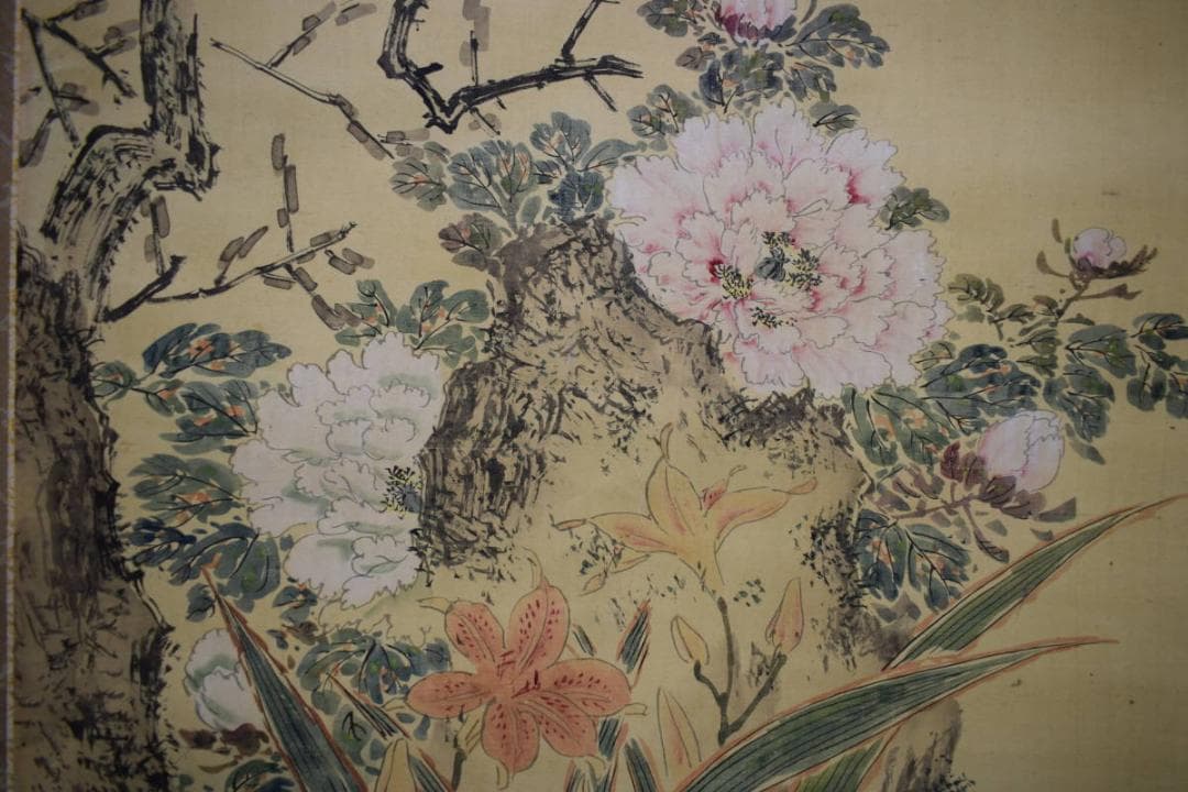 真作/山本梅逸/四季草花小禽図/桐太巻箱付/布袋屋掛軸HH-861