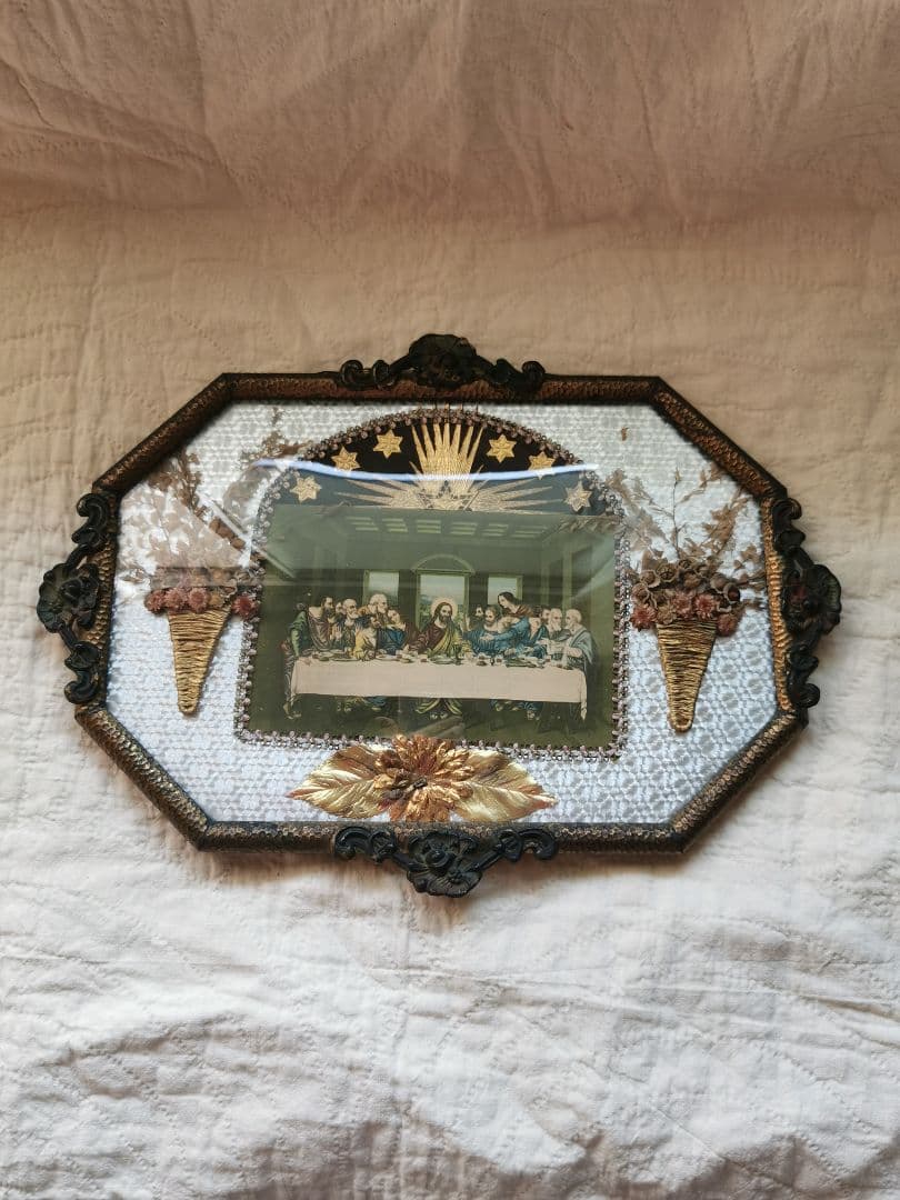 アンティーク 最後の晩餐 ドームガラス ドライフラワー オルモル装飾風銅のパネル