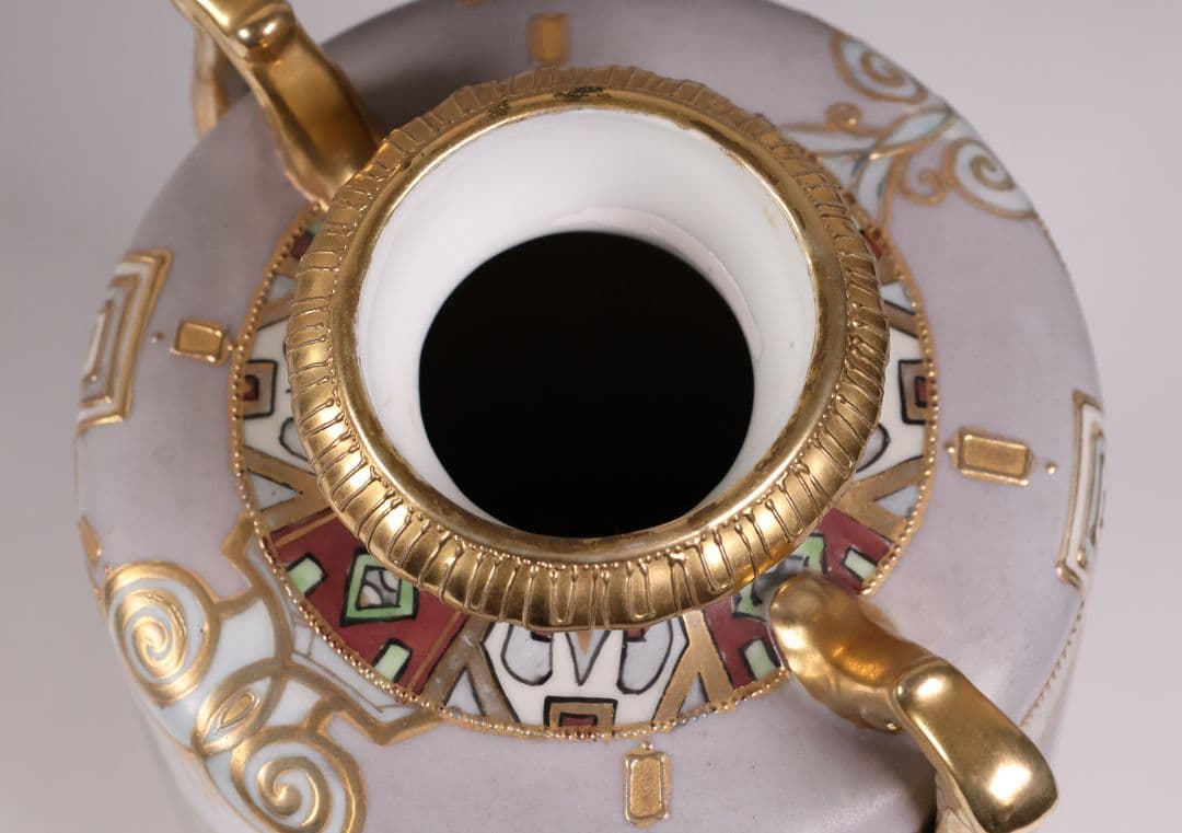 【CM318】オールドノリタケ パネル風景 耳付 花瓶 金彩 金盛 明治