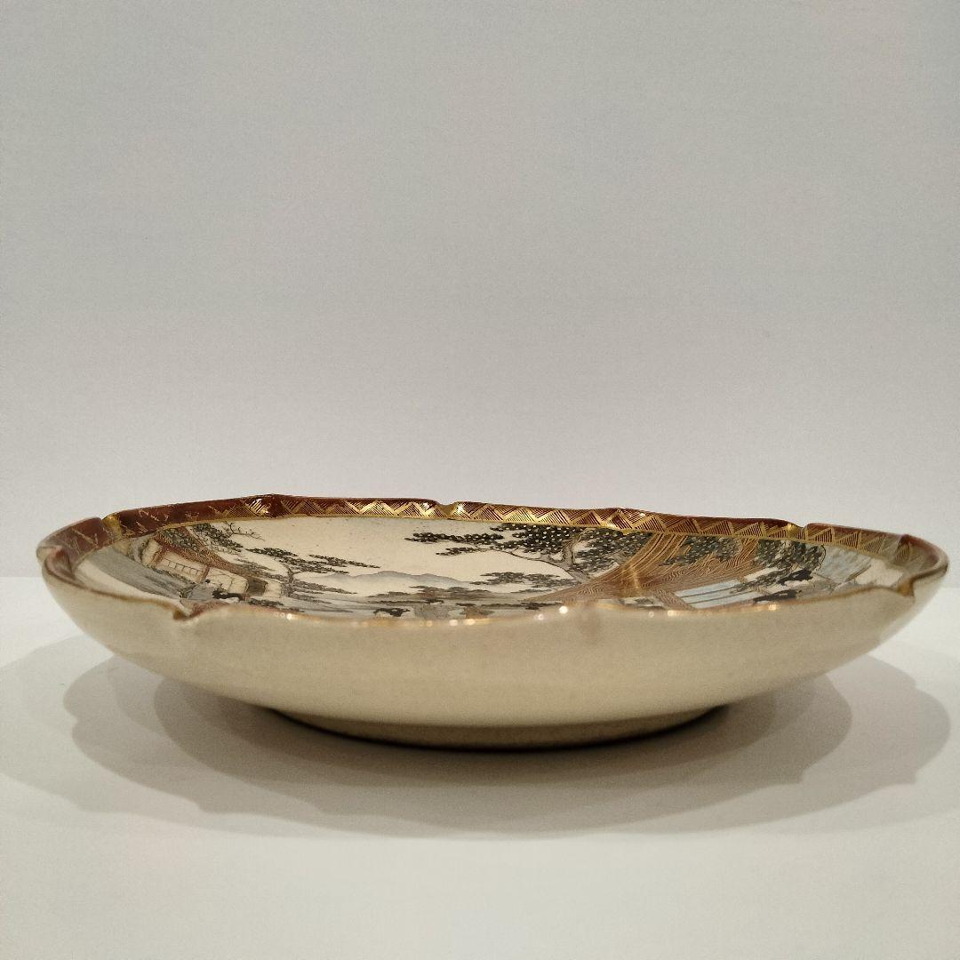 V338 明治期濱絵付薩摩焼 保土田太吉造 山水風景美人文皿 直径19㎝ 金彩