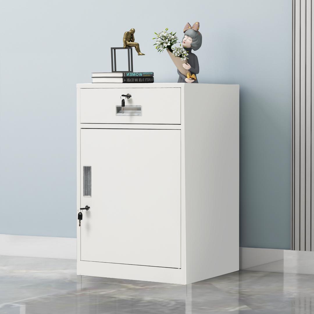 【新品】スチールデスクワゴン 完成品 鍵/引出し付き 可動棚