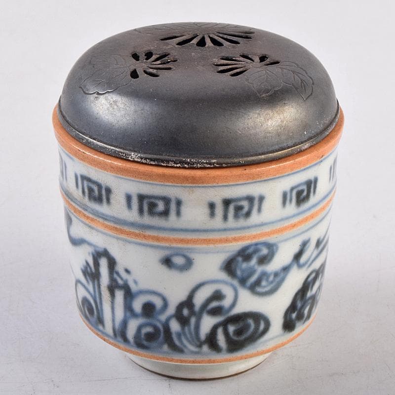 茶道具　京焼　滝口加全作　染付山水文　香炉　透かし火屋付　M　R8878