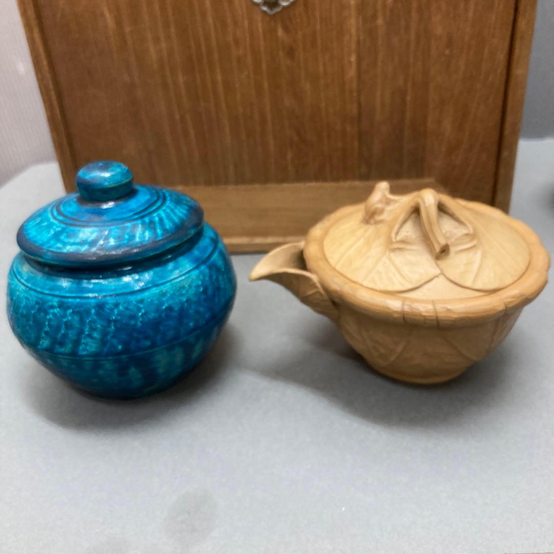 茶道具　煎茶揃　急須　蓋カラクリ、茶入、茶碗3、鉢、盆　旅箪笥　共箱　S70ST