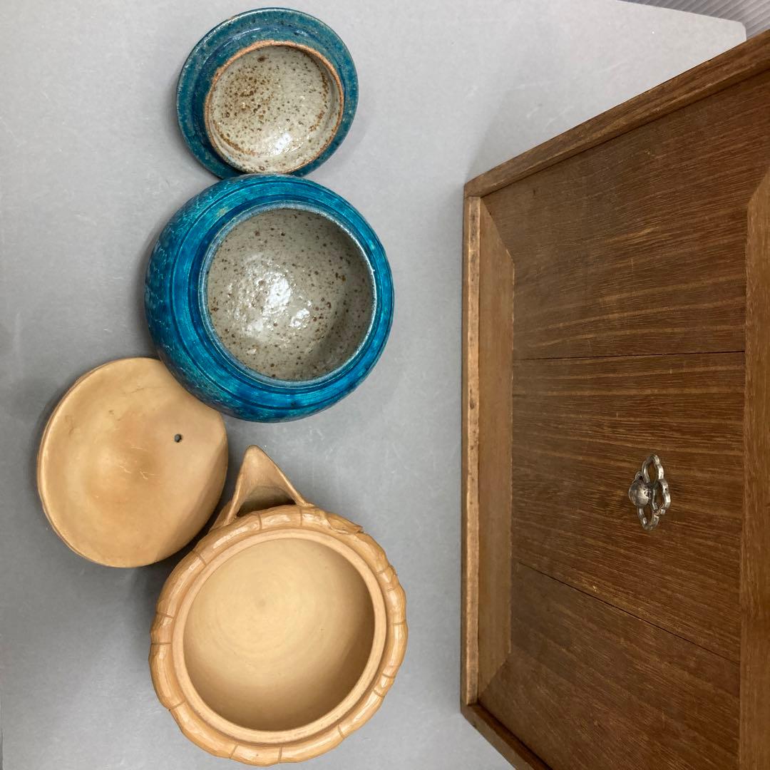 茶道具　煎茶揃　急須　蓋カラクリ、茶入、茶碗3、鉢、盆　旅箪笥　共箱　S70ST