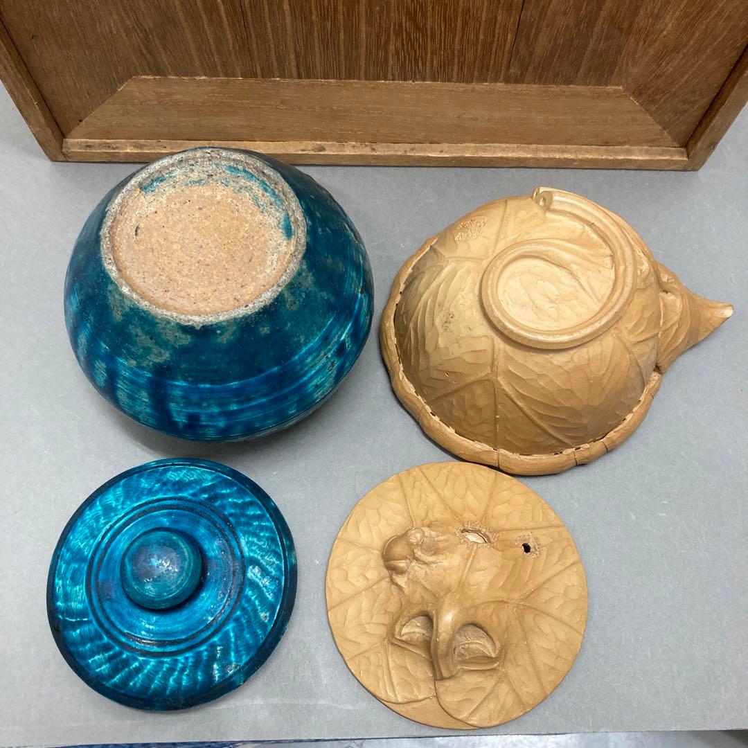 茶道具　煎茶揃　急須　蓋カラクリ、茶入、茶碗3、鉢、盆　旅箪笥　共箱　S70ST