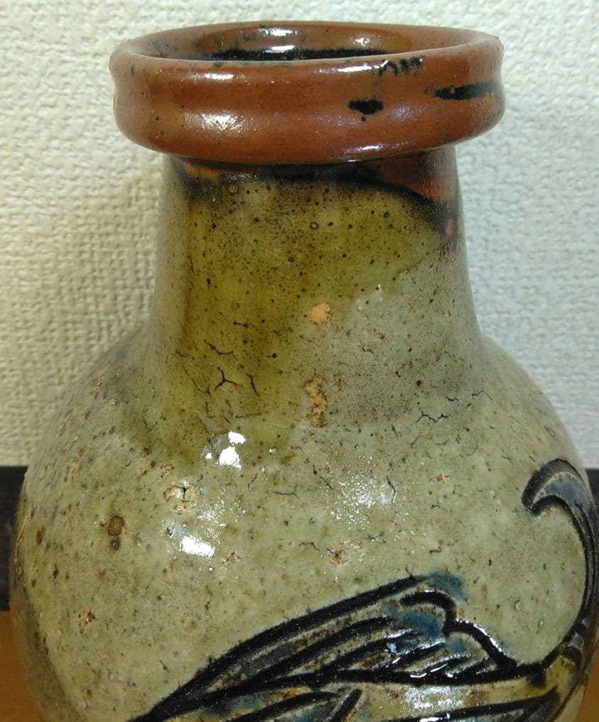 人間国宝 金城次郎 魚紋花瓶(魚4）栞 共箱 壺屋焼 壷屋焼 珍品上作花瓶 美品