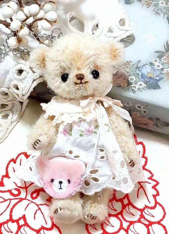 ハンドメイド テディベア バッグチャーム 短毛カールモヘア ベージュ色 手作り