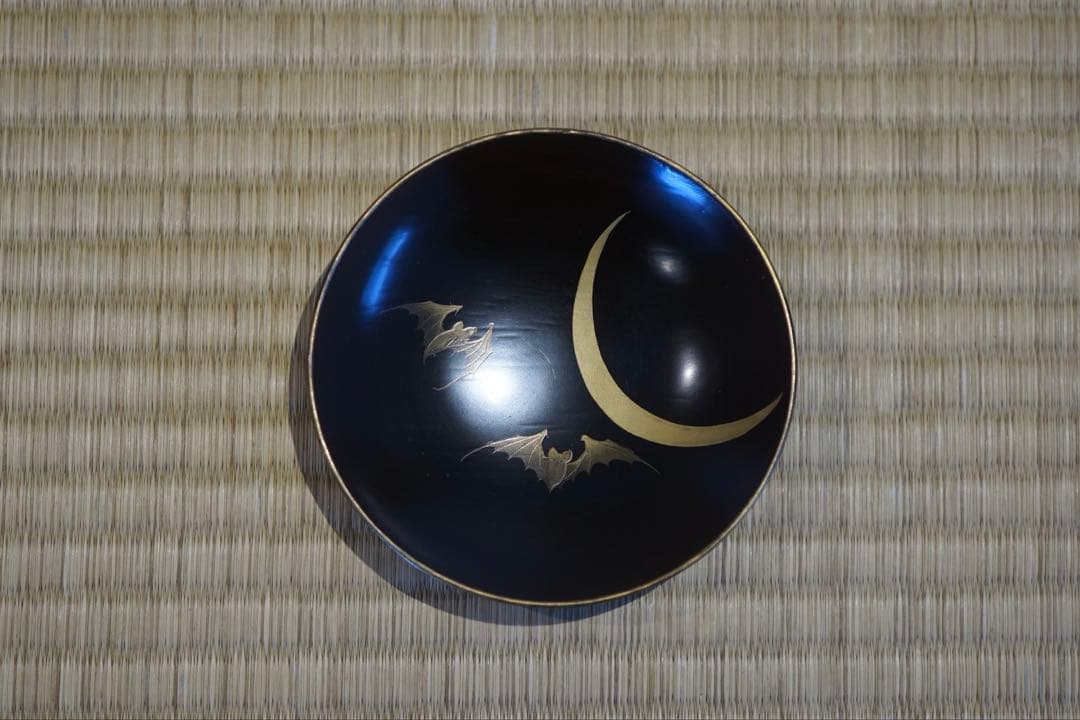 明治期 輪島塗 工房印有 三日月に蝙蝠蒔絵 溜塗 吸物椀 2客/木製漆器 茶懐石