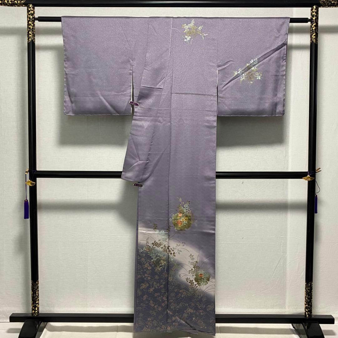 D87 訪問着 花刺繍 雪輪 金彩 正絹 着物 袷 しつけ糸付き未使用極美品