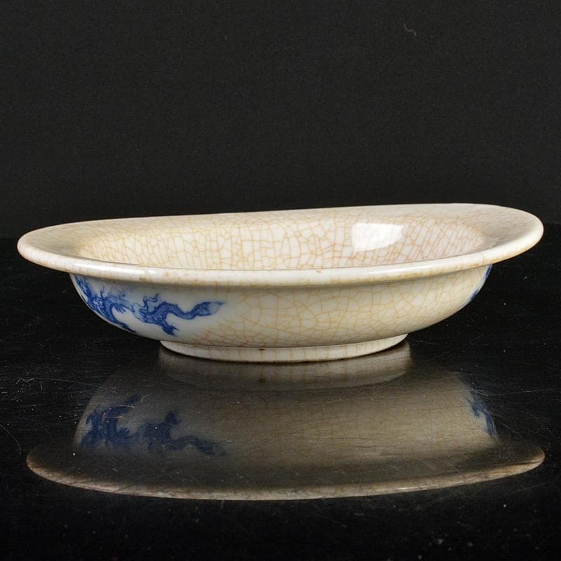 中国　乾隆年製款　哥窯　青花　漢詩鳥草龍氷裂文盤　皿　時代箱付　M　R6365