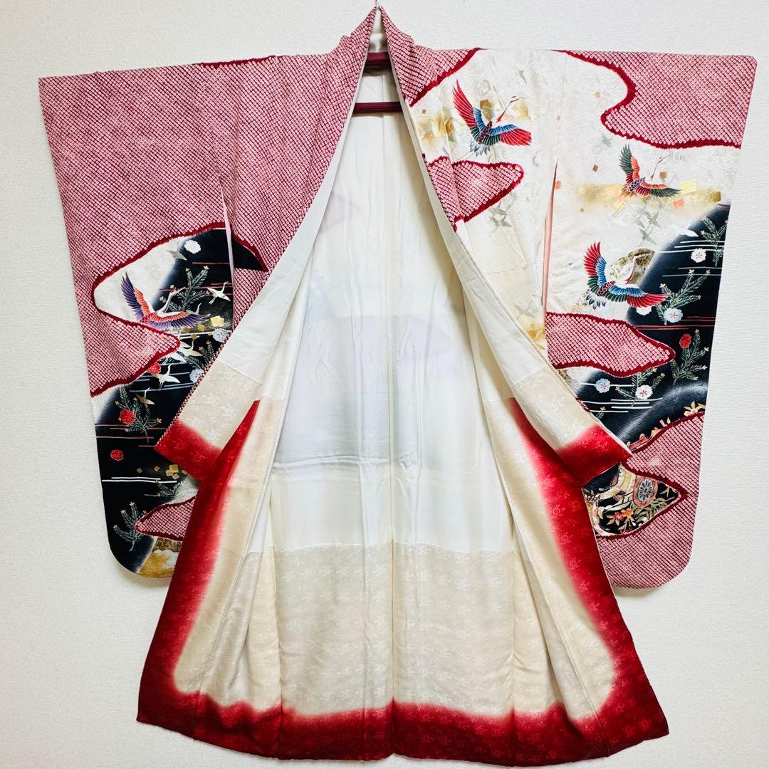 美品　振袖セット　絞り　地紋　鶴　御所車　成人式　結婚式　長襦袢付き　正絹