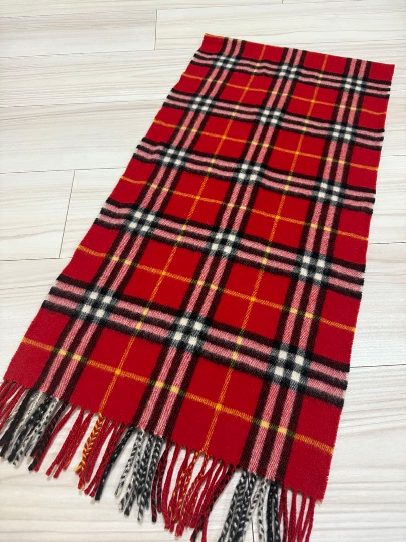 バーバリー　カシミヤ　マフラー　チェック　レッド系