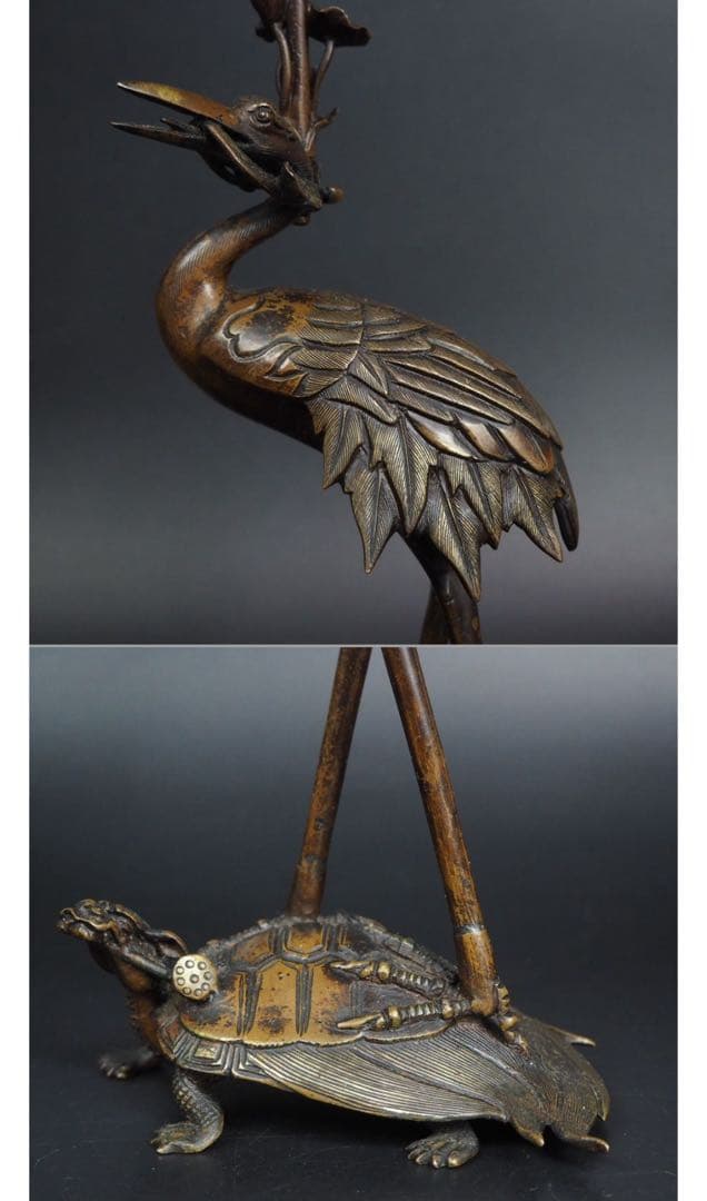 送料無料　江戸～明治時代　古銅鶴亀燭台　精巧細密作り　極上品　高29ｃｍ