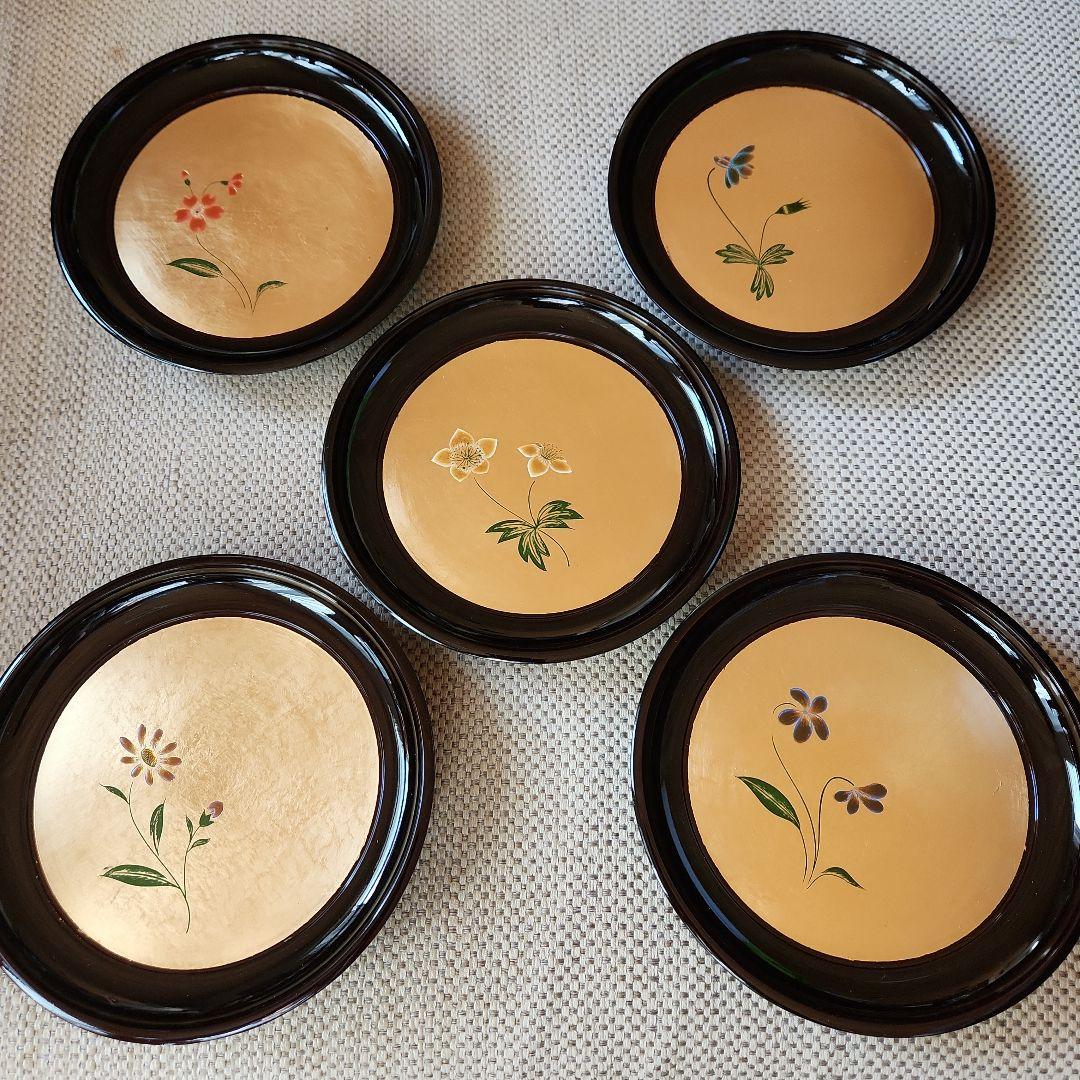 【貴重】高級漆器皿 菓子器 5枚セット 花模様
