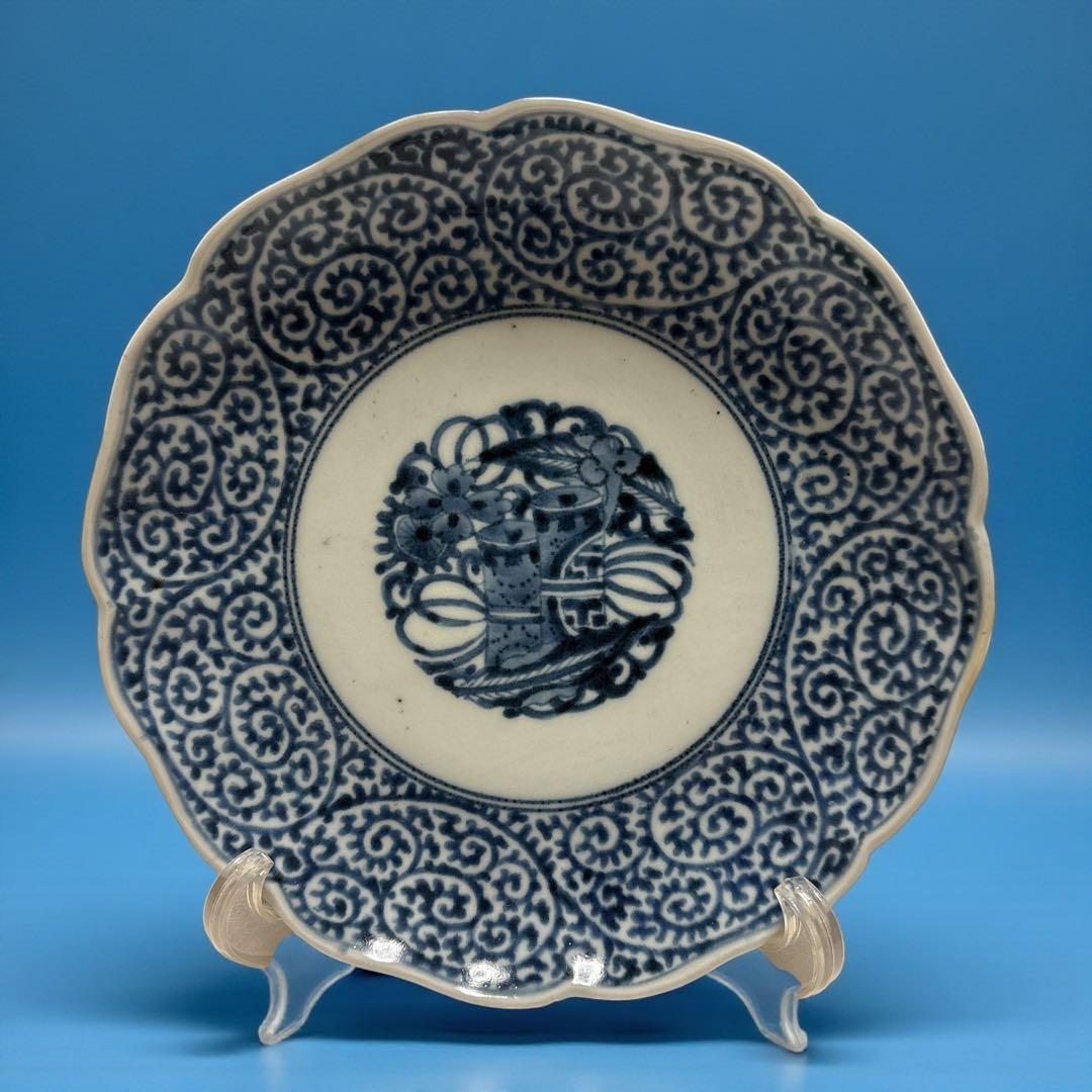 伊万里 有田 染付 印判 輪花皿 宝尽し丸文 見返し蛸唐草 高台内目跡 二重圏線