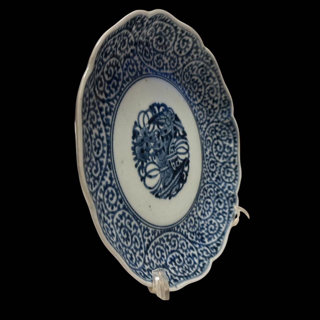 伊万里 有田 染付 印判 輪花皿 宝尽し丸文 見返し蛸唐草 高台内目跡 二重圏線