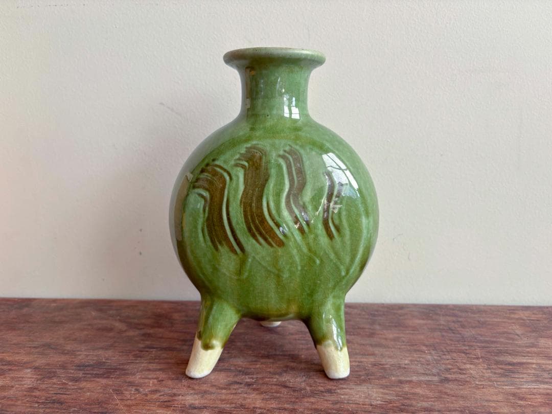 舩木研児　緑釉　三脚花生　共箱付　無傷　希少　民藝　バーナードリーチ