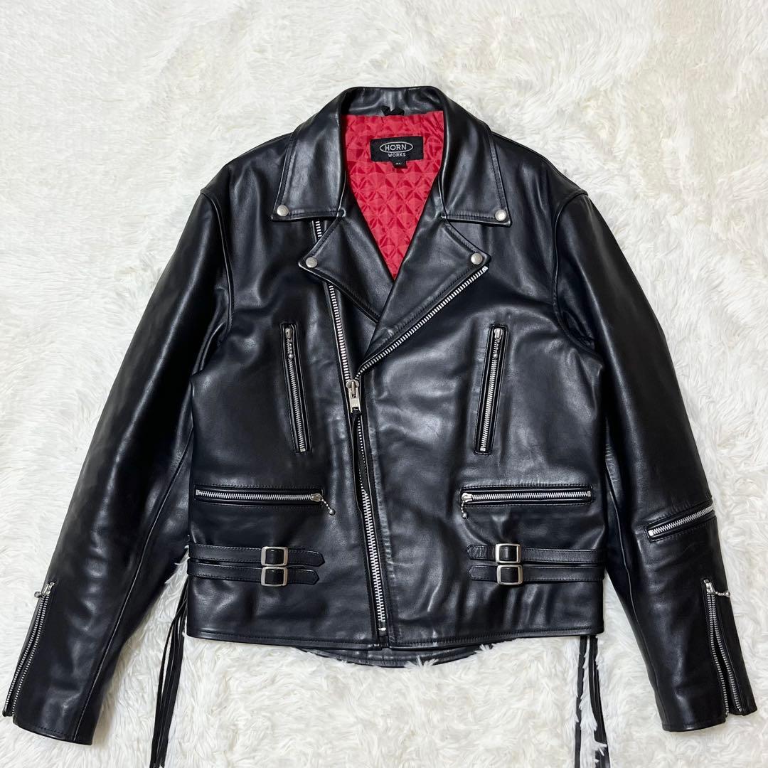 美品 希少サイズ ホーンワークス ダブルライダースジャケット 3L レザー 黒