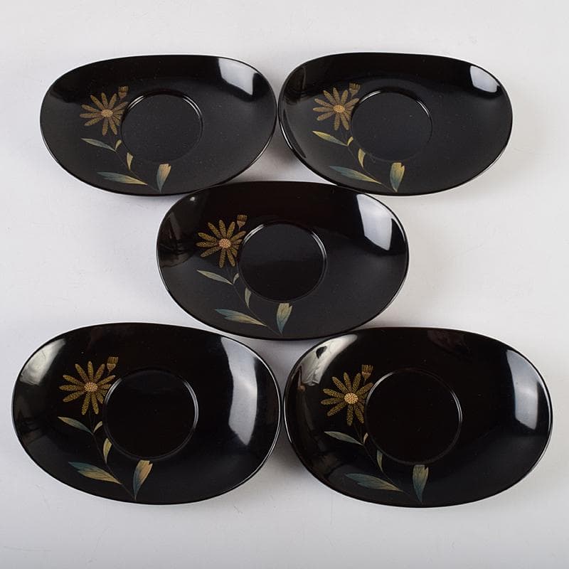 茶道具　輪島塗　三谷吾一作　花草沈金　楕円茶托　五客　共箱　M　R9469