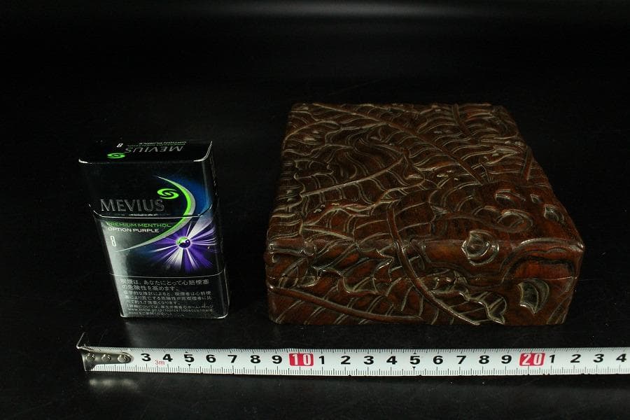 唐木 刻芭蕉 四方箱 旧家蔵出(K-A746)