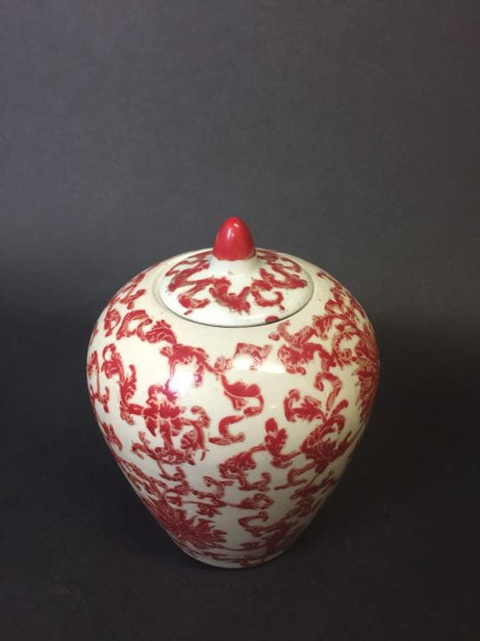 中国古玩  蓋罐 紅釉薬描き 乾隆年製落款