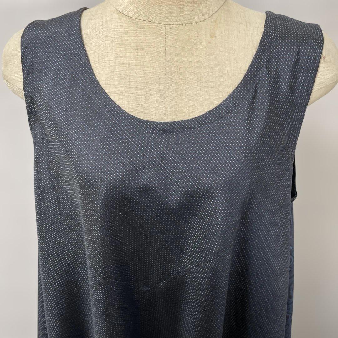 着物ワンピーステントラインロング丈《13》大島紬(証紙付き)等L〜［紺系］