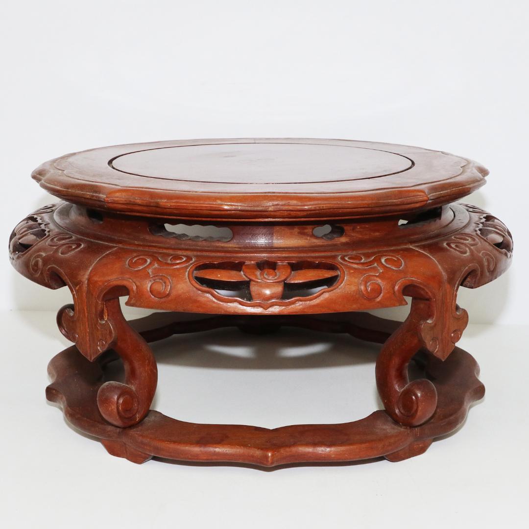 唐木　花台　盆栽台　透かし彫丸卓　卓