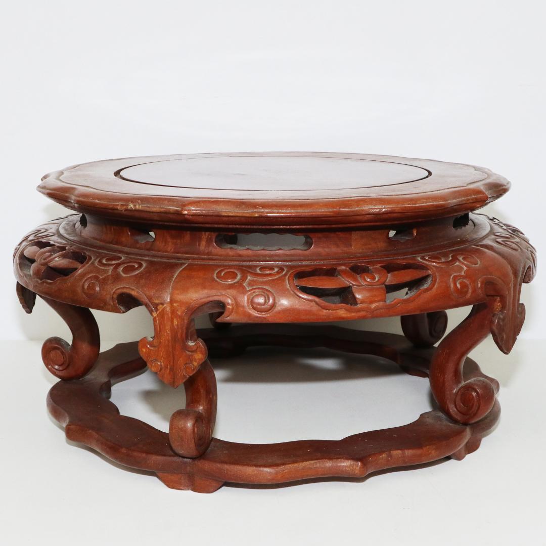 唐木　花台　盆栽台　透かし彫丸卓　卓