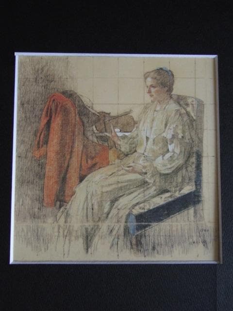 小磯良平、【リュートを持つ婦人像のエスキース】、希少な限定額装用画集画