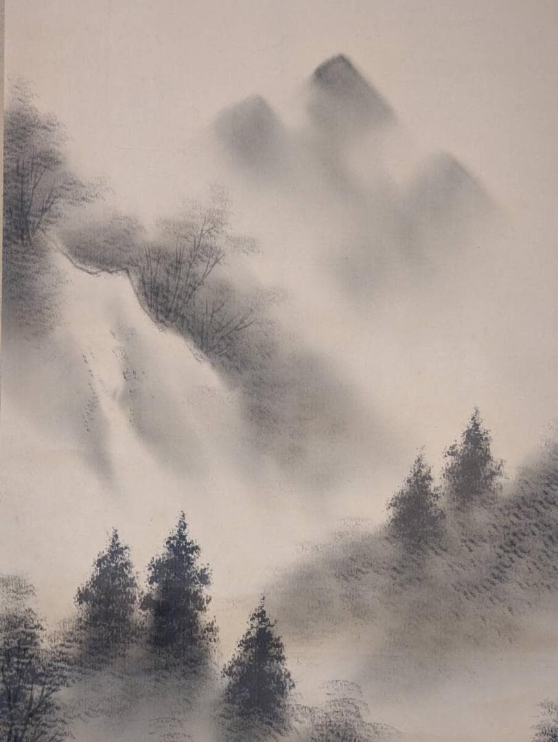 【真作】掛軸　霧に包まれた山村風景図　静寂な晩秋の掛軸　合箱入　T68