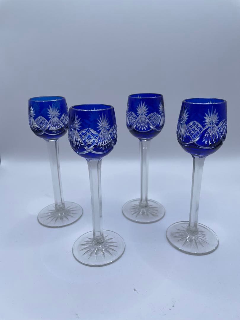 コバルトブルー カットクリスタル ステムグラス 4個セット