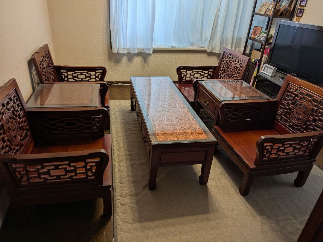 【yuki】中国木製彫刻入り応接セット【引き取り専用】