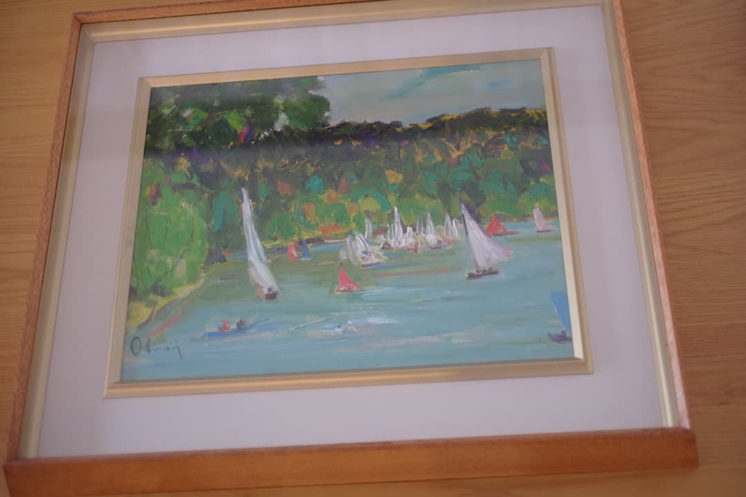 【真筆保証】 大森栄八郎先生作　野尻湖　油絵　絵画　F８サイン入　箱付