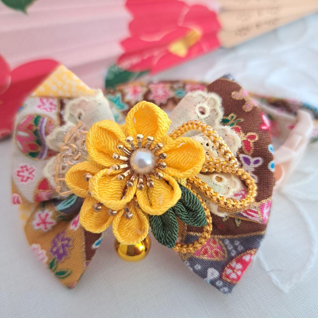 お正月、つまみ細工リボン(黄色)わんちゃん猫ちゃん用首輪