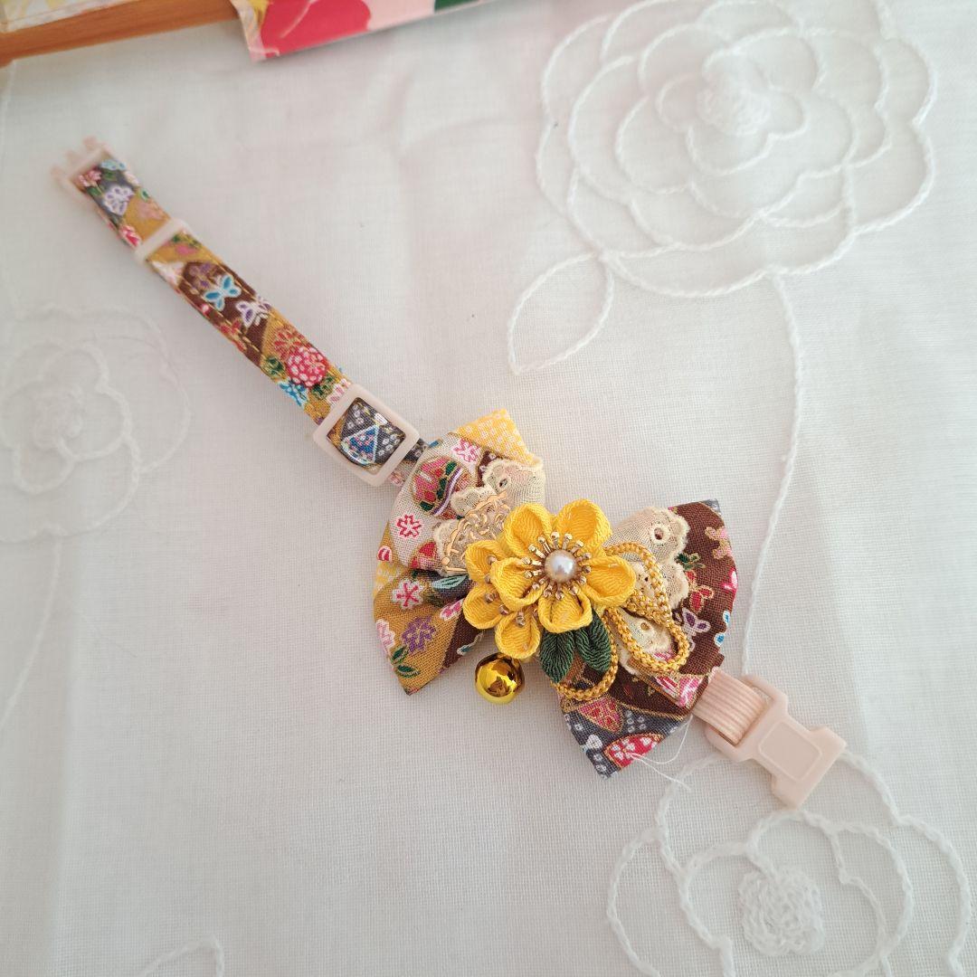 お正月、つまみ細工リボン(黄色)わんちゃん猫ちゃん用首輪