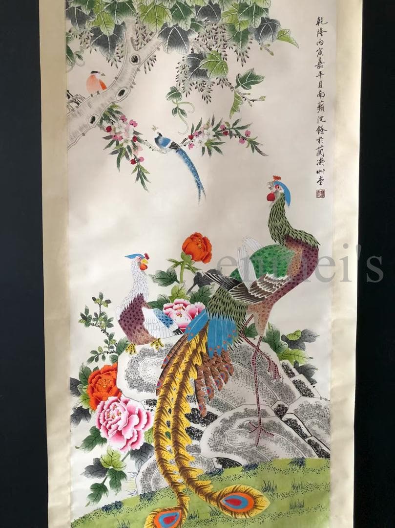 中国古美術・純手描き四尺孔雀と花掛軸・国画・沈銓印款•珍品画・肉筆・文房置物