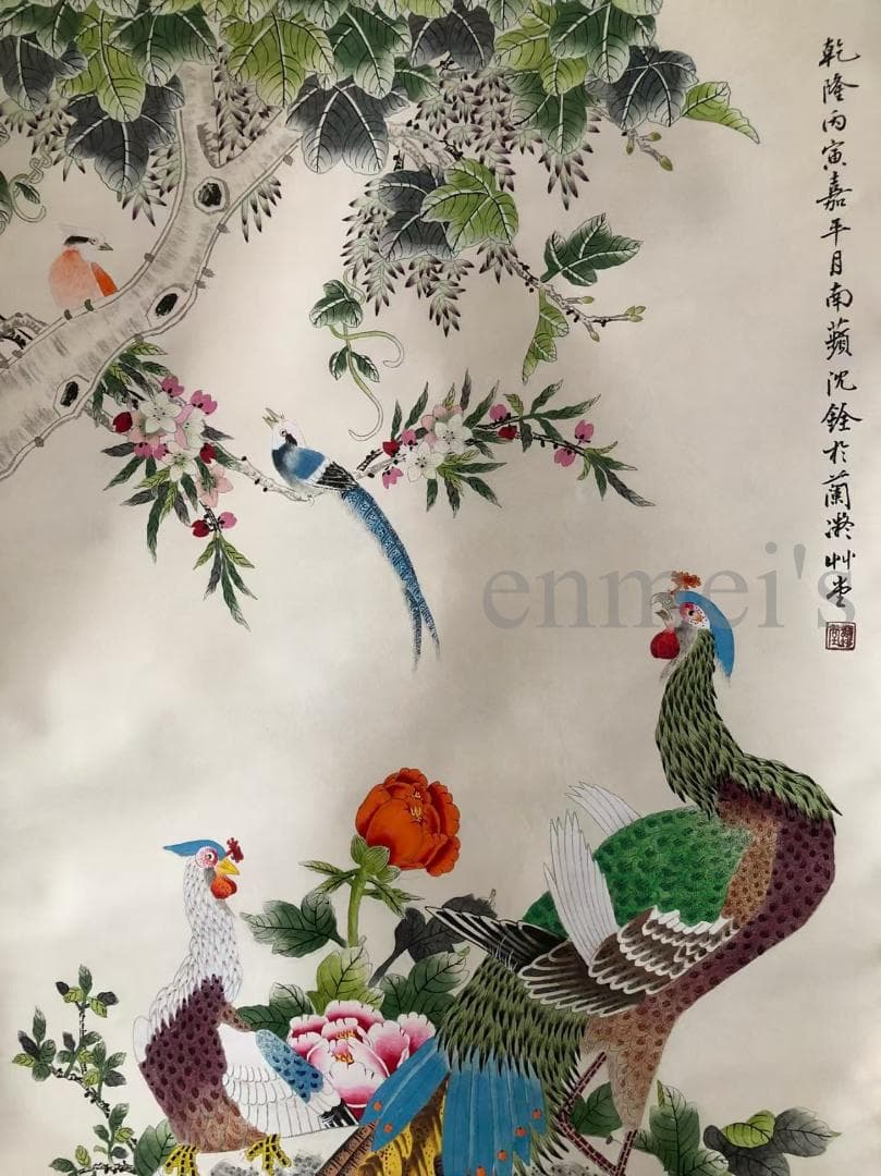 中国古美術・純手描き四尺孔雀と花掛軸・国画・沈銓印款•珍品画・肉筆・文房置物
