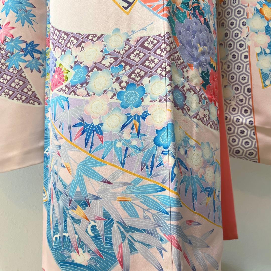 435 振袖フルセット 正絹 難あり 桃 ピンク 水色 紫 カラフル