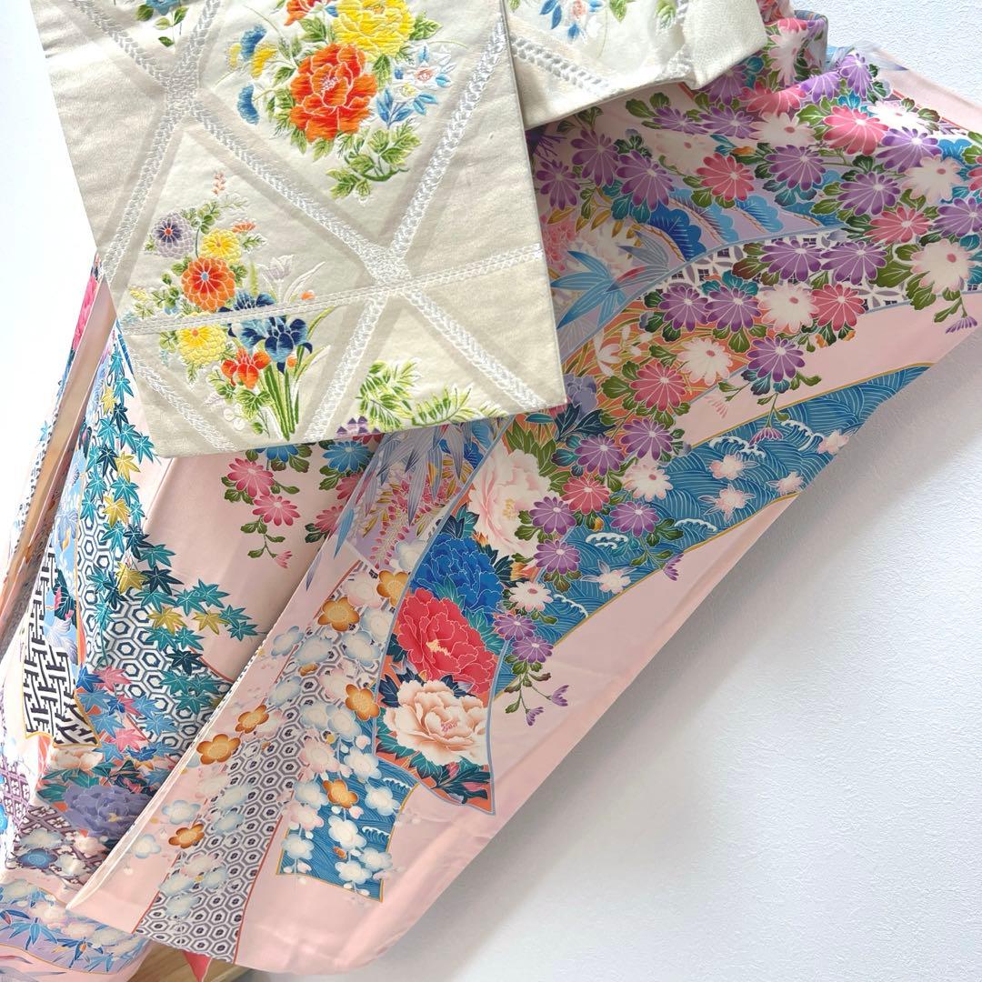 435 振袖フルセット 正絹 難あり 桃 ピンク 水色 紫 カラフル