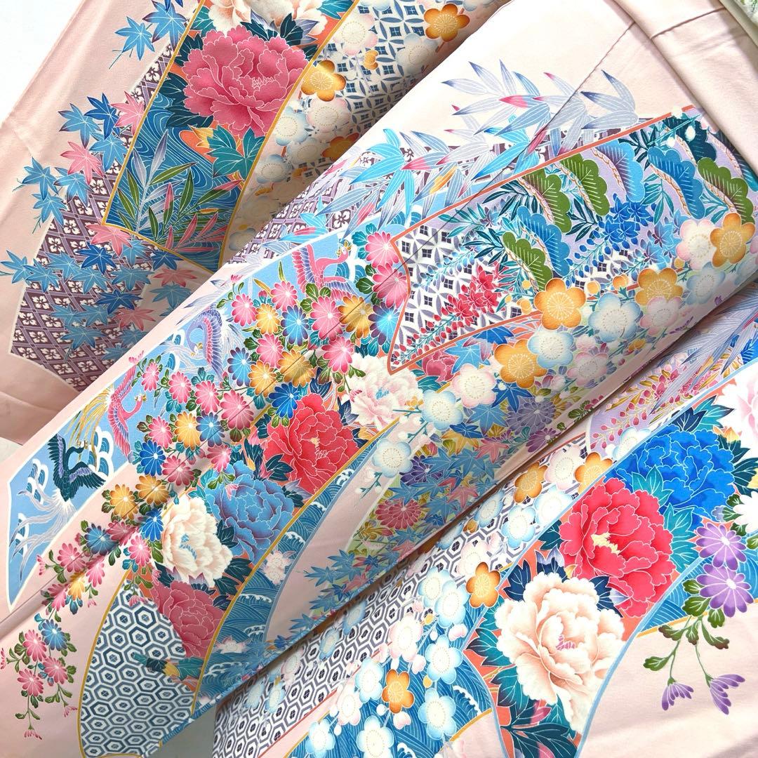 435 振袖フルセット 正絹 難あり 桃 ピンク 水色 紫 カラフル