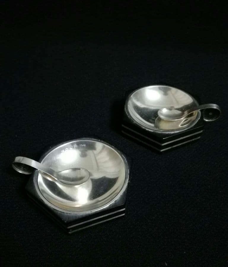 スウェーデン　GAB社　シルバー調味料入れ　トレー　スプーン　黒檀　アンティーク