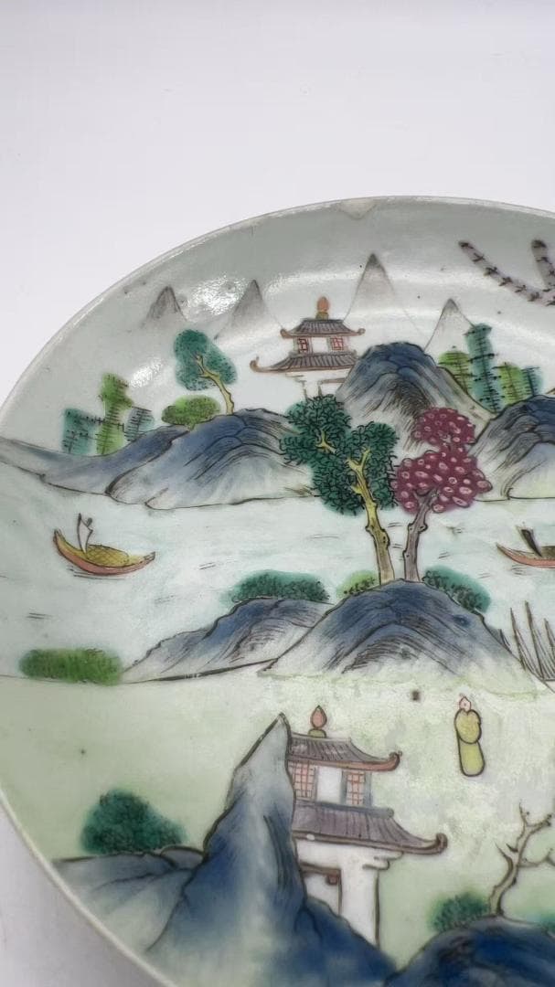 清道光時代 【道光年製】在銘 粉彩山水盤 豫章十景 章江曉渡図　(Y-7)