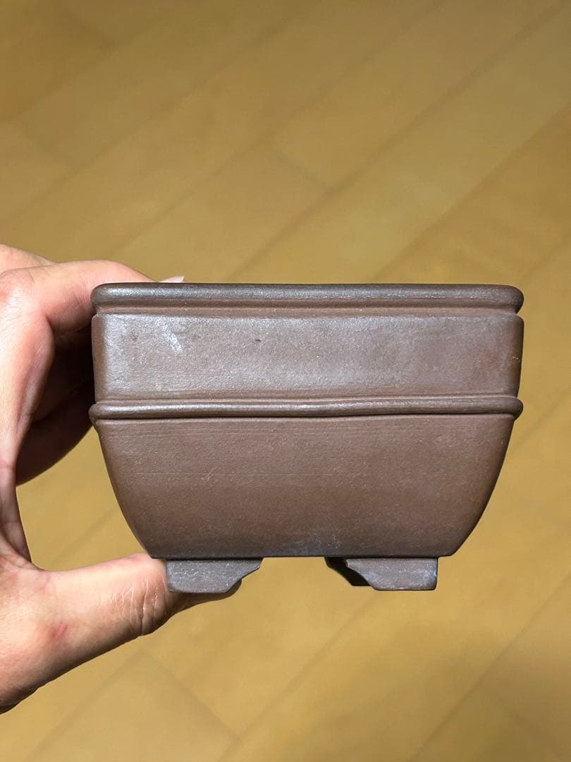 【盆栽鉢】 中国鉢 落款印あり 紫砂 胴紐正方鉢