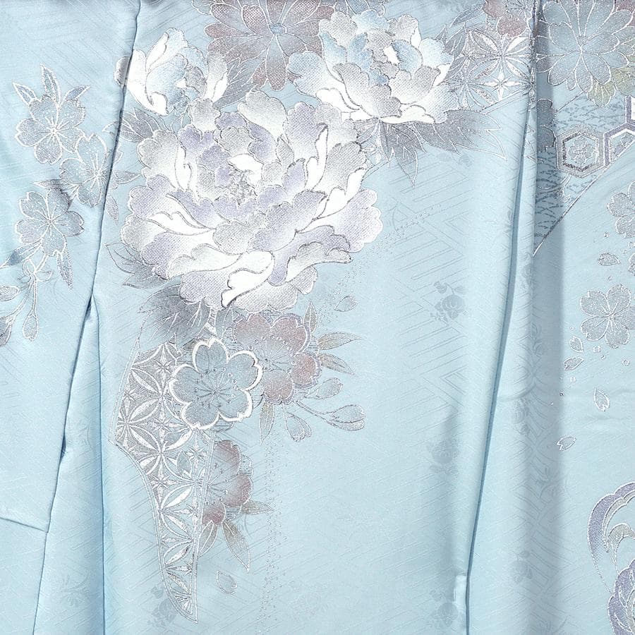 専用　ご予約　振袖　未仕立て　仮絵羽　アイスブルー　牡丹　桜　熨斗目　銀彩加工
