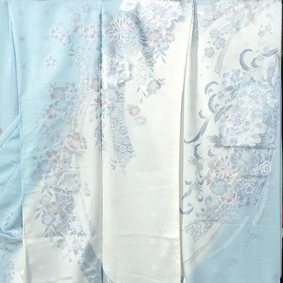 専用　ご予約　振袖　未仕立て　仮絵羽　アイスブルー　牡丹　桜　熨斗目　銀彩加工