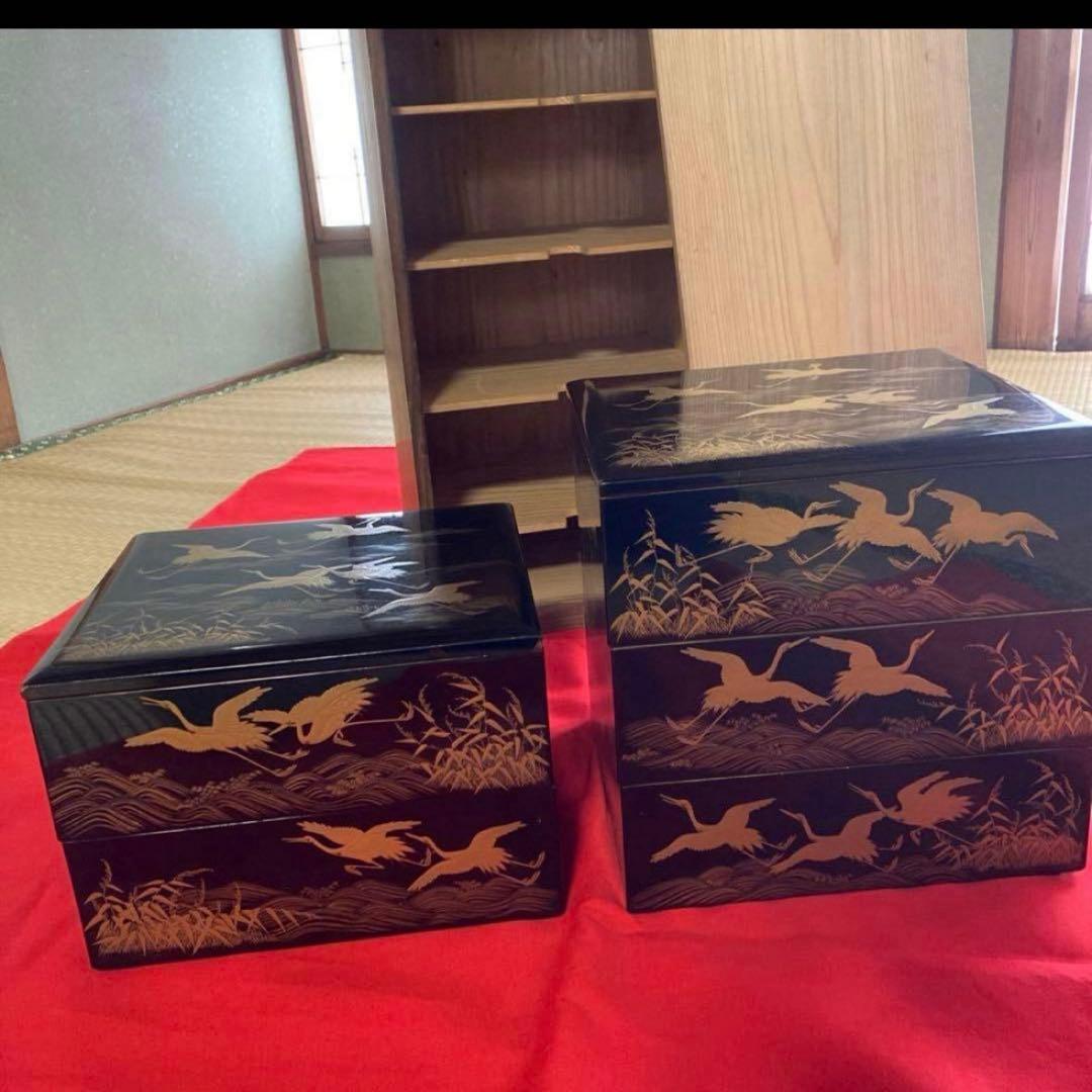 漆器 重箱 金色の鶴と波模様　輪島塗
