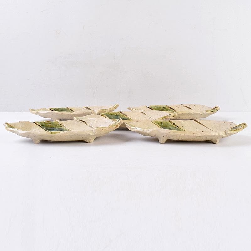 北大路魯山人作　織部焼　木之葉皿　五客　共箱　U　R8974