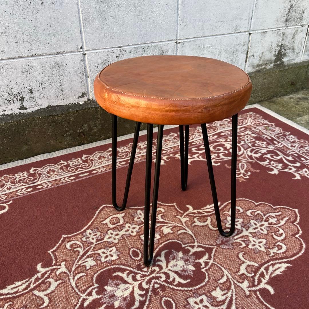 本革レザー座面×鉄脚アイアンレッグ◾️丸椅子 スツール 丸イス